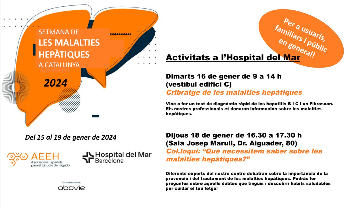 Hospital del Mar (@hospitaldelmar) on Twitter photo 🗣️ S'acosta la #SemanaHepatoCatalunya, amb l'equip de l'<a href="/hospitaldelmar/">Hospital del Mar</a>!
🗓️ Demà, a les 9 h, participa en el #cribratge de #MalaltiesHepàtiques
🗓️ 18/1 a les 16.30 h, debat sobre prevenció i tractament
➕ parcdesalutmar.cat/ca/agenda/view…
<a href="/AEEHLiver/">Asociación Española para el Estudio del Hígado</a> <a href="/MGRetortillo310/">Montserrat García Retortillo</a> <a href="/xavierbessa/">Xavier Bessa</a> 🗣️ S'acosta la #SemanaHepatoCatalunya, amb l'equip de l'<a href="/hospitaldelmar/">Hospital del Mar</a>!
🗓️ Demà, a les 9 h, participa en el #cribratge de #MalaltiesHepàtiques
🗓️ 18/1 a les 16.30 h, debat sobre prevenció i tractament
➕ parcdesalutmar.cat/ca/agenda/view…
<a href="/AEEHLiver/">Asociación Española para el Estudio del Hígado</a> <a href="/MGRetortillo310/">Montserrat García Retortillo</a> <a href="/xavierbessa/">Xavier Bessa</a>