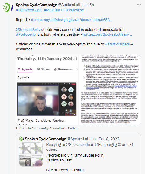 SpokesLothian's tweet photo. @DaveJFrench @DAstonSNP @toddles23 @CyclingEdin @SpokesPorty @Cyclesouthedin @EdinburghMinute @EdinReporter @WeAreMACS @Wheels4Well @Active_ATA @JimDensham @KirstyLewin @CllrScottArthur @julebandel @CouncillorCowdy @SanneDD @KatrinaFaccenda @kevin_lang @FinlayMcF @TransformScot @edi_dot_bike @thecockburn @johnrobson87 @portobellocc @EnergyPorty @SW20Ed @sto_paul @WLBikeLibrary @KayleighFONeill @sccscot @LivingStreetsEd #edinwebcast
⬆️Thread from @Edinburgh_CC #Transport Cttee (TEC) 11.1.24
Includes:
🙄#portobello junction: big delay
👍#BikeHire: April report
👍#AccessibilityCommission representation
🤔Missed #tram items but main point is that full report incl defects etc coming to April TEC https://t.co/oY2EW4SFib