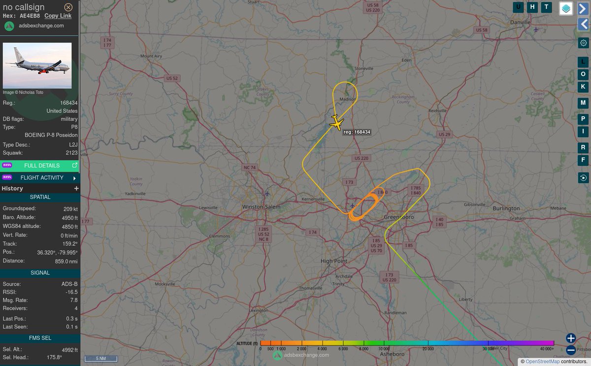 TheIntelFrog's tweet photo. It's in the pattern at Greensboro airport along with this US Navy P-8A Poseidon #AE4EB8 as 168434. https://t.co/xqbZXiY4s6