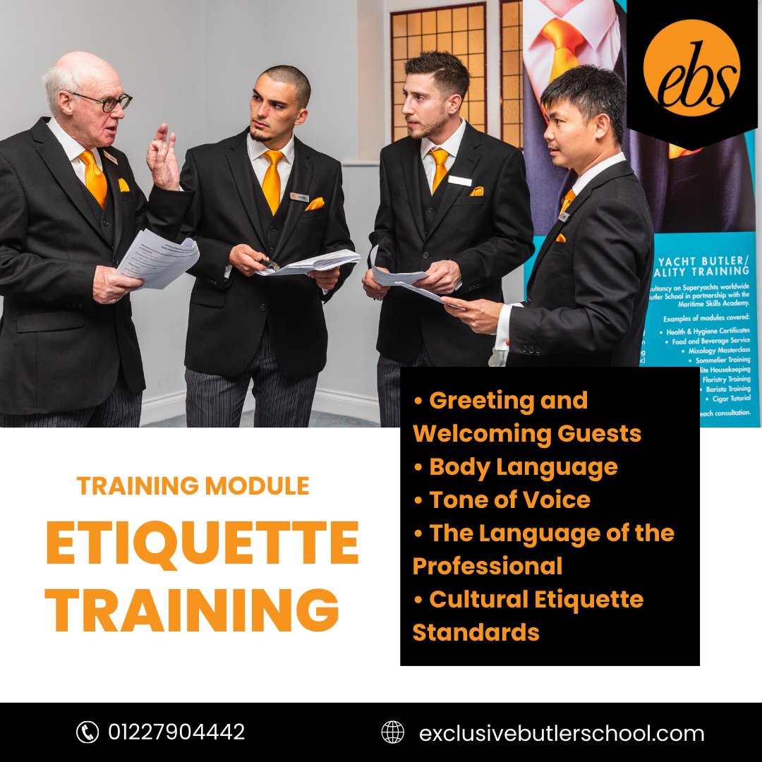 One of the standard modules taught at the Exclusive Butler School is Etiquette. Having the correct Etiquette is a must-have within the Private Service Industry. Contact us to find out more information! #ebs #butler #training #etiquette #courses
