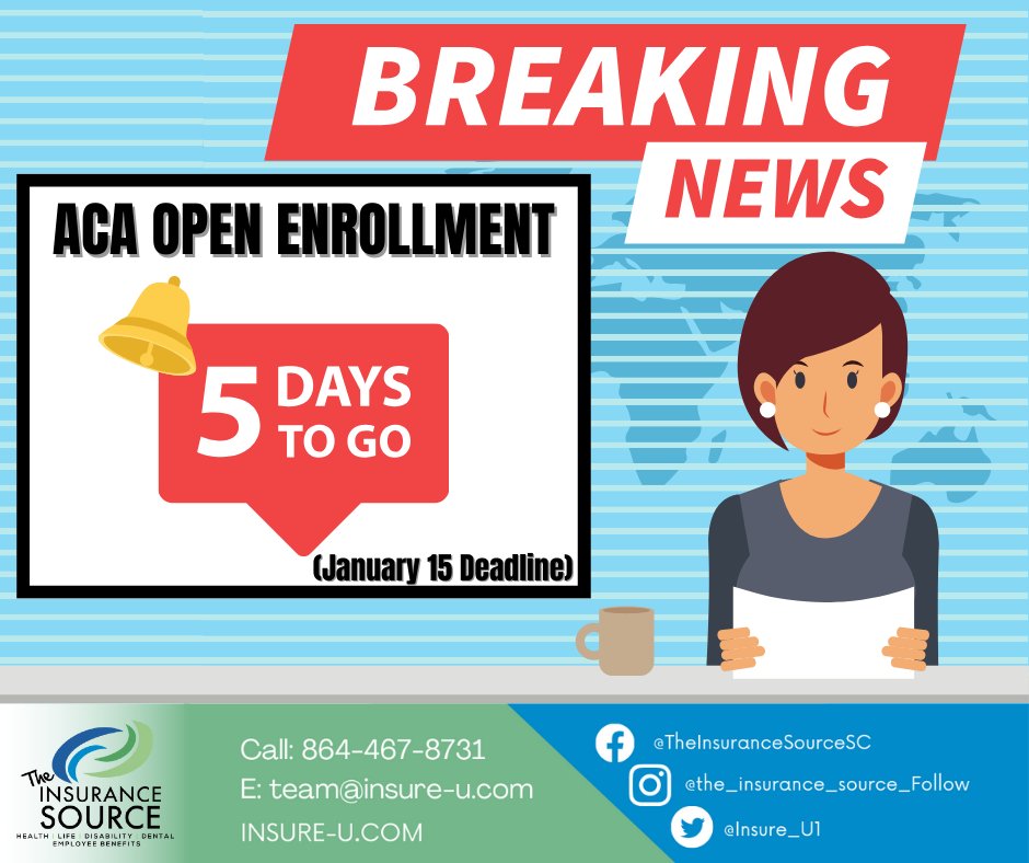 🚨 Breaking News: Act fast – ACA Open Enrollment is in its final stretch! 📰 Deadline: January 15. Don't miss this chance to make your health a top story in 2024
INSURE-U 
#WeMakeHealthInsuranceEasier 

Get Quote Online: Insure-u.com
Or Call (864) 467-8738