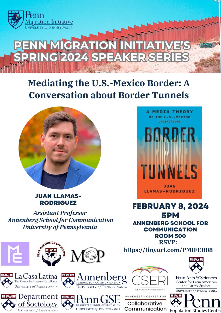 Our first speaker for the spring speaker series is @llamasjr @AnnenbergPenn, who will discuss his new book in his lecture, 'Mediating the U.S.-Mexico Border: A Conversation about Border Tunnels.' Please join us for our first event, Feb 8th 5pm . To RSVP:tinyurl.com/PMIFEB08