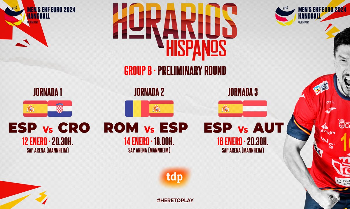 RFEBalonmano's tweet photo. ❤️ 𝐄𝐦𝐩𝐢𝐞𝐳𝐚 𝐥𝐚 𝐚𝐯𝐞𝐧𝐭𝐮𝐫𝐚 𝐞𝐧 𝐀𝐥𝐞𝐦𝐚𝐧𝐢𝐚 🇪🇸

📝 ¡TOMA NOTA! ¡Fechas y horarios de los partidos de los #Hispanos en la Preliminary Round @EHFEURO! 📆⌚️

📺 Todos los partidos en @teledeporte y @rtveplay

#Balonmano #HereToPlay https://t.co/3fOCDgDirF