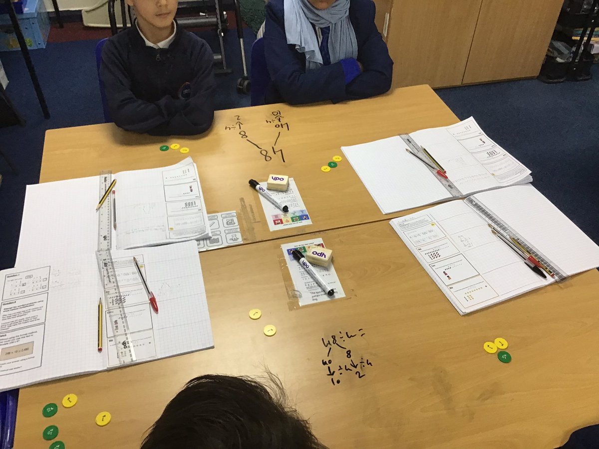 stsilasyear5's tweet photo. Quotitive division today using place value counters and part-whole models. Great use of mathematical language and identifying how the expression matches the structure. #SilasMaths @NCETM https://t.co/m2geqR9bPy