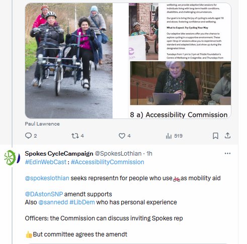 SpokesLothian's tweet photo. @DaveJFrench @DAstonSNP @toddles23 @CyclingEdin @SpokesPorty @Cyclesouthedin @EdinburghMinute @EdinReporter @WeAreMACS @Wheels4Well @Active_ATA @JimDensham @KirstyLewin @CllrScottArthur @julebandel @CouncillorCowdy @SanneDD @KatrinaFaccenda @kevin_lang @FinlayMcF @TransformScot @edi_dot_bike @thecockburn @johnrobson87 @portobellocc @EnergyPorty @SW20Ed @sto_paul @WLBikeLibrary @KayleighFONeill @sccscot @LivingStreetsEd #edinwebcast
⬆️Thread from @Edinburgh_CC #Transport Cttee (TEC) 11.1.24
Includes:
🙄#portobello junction: big delay
👍#BikeHire: April report
👍#AccessibilityCommission representation
🤔Missed #tram items but main point is that full report incl defects etc coming to April TEC https://t.co/oY2EW4SFib
