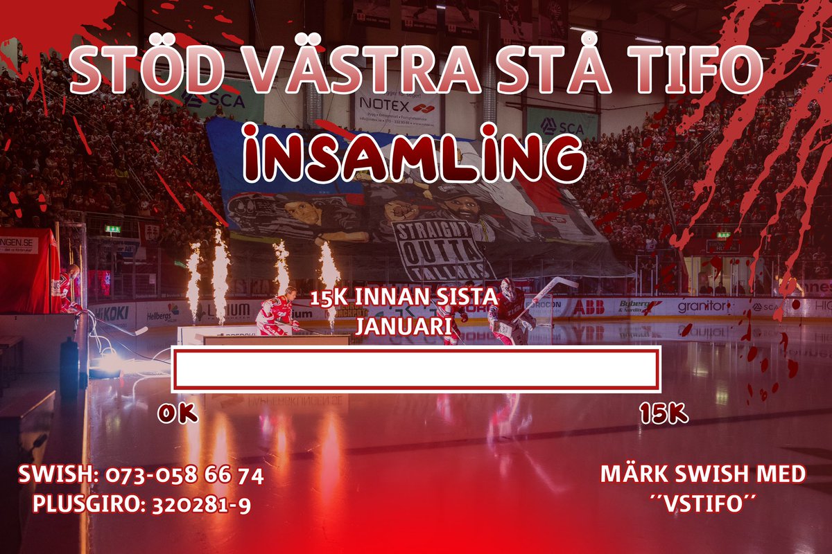 Det blir ett par tifon till innan slutspelet men sen behöver vi eran hjälp igen för att kunna smycka läktarna även i slutspelet. Vi satsar på att få ihop 15.000:- innan den sista januari. 

TILLSAMMANS! 

SWISH: 0730586674
PLUSGIRO: 320281-9

Märk betalningen med ”VSTIFO”