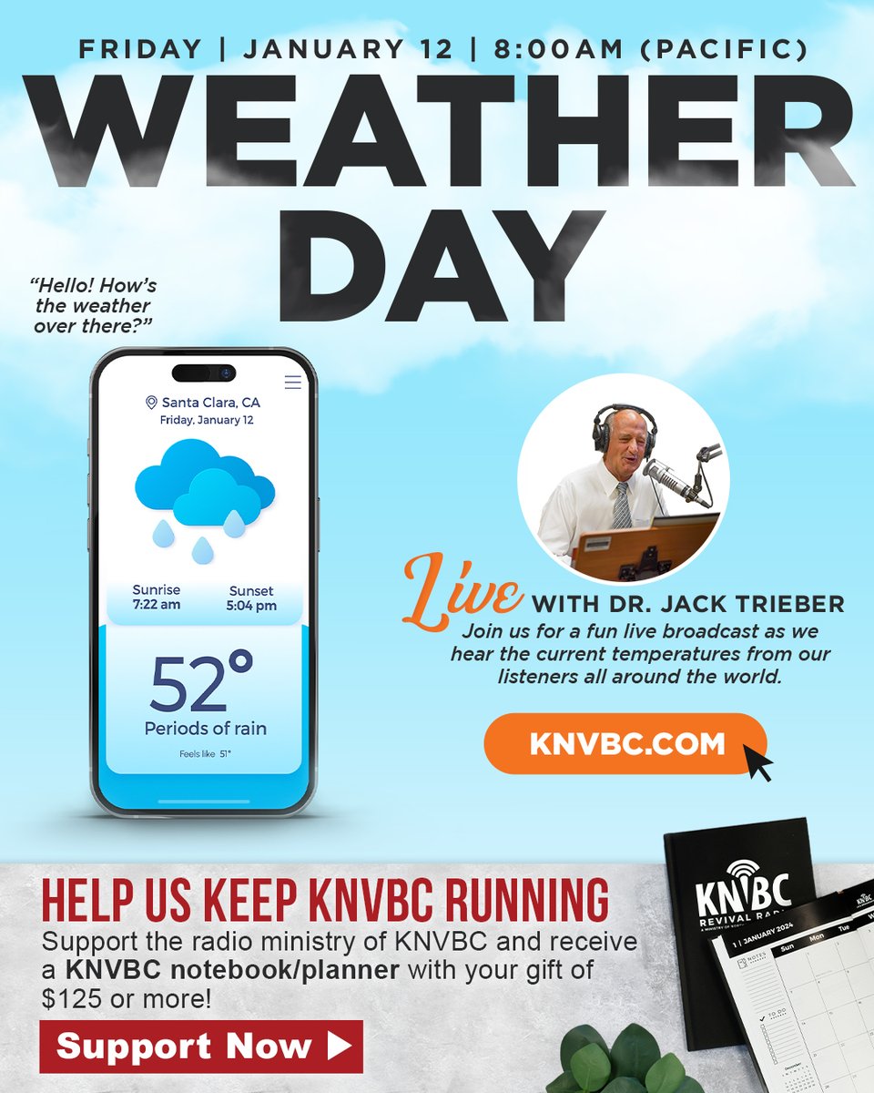 KNVBC - Weather Day ☀️🌦⛈🌨 How is the weather in your area? Tune in tomorrow to KNVBC.com from 8-9am (PST) for a special live broadcast with Pastor Trieber, and let us know the weather in your area!