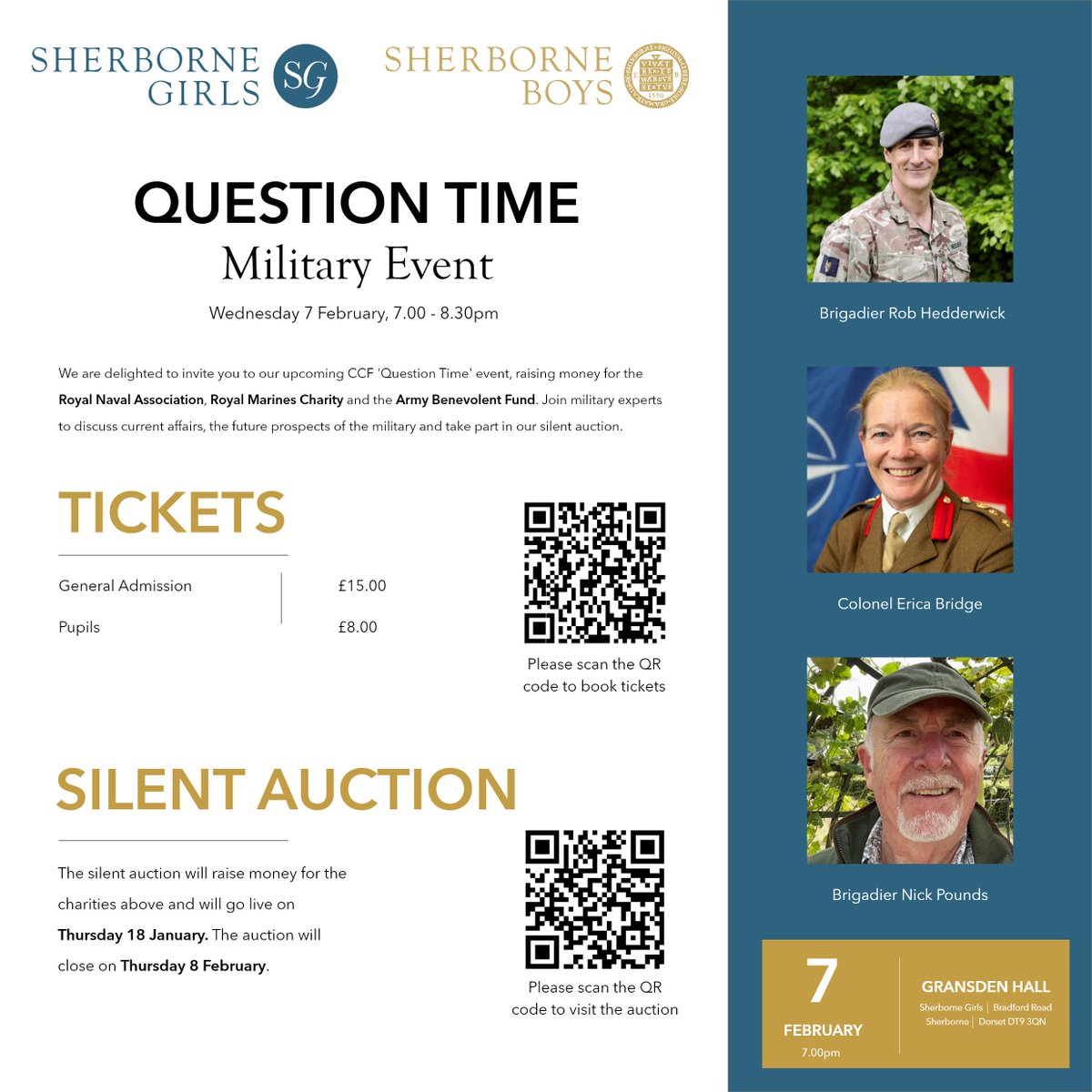 Introducing Question Time, a <a href="/SherborneCCF/">Sherborne School CCF</a> charitable initiative organised by U6 cadets from Sherborne Boys and <a href="/SherborneGirls/">Sherborne Girls</a>. They have created an exciting programme to support military charities. For more information and to take part please visit: trybooking.com/uk/events/land…