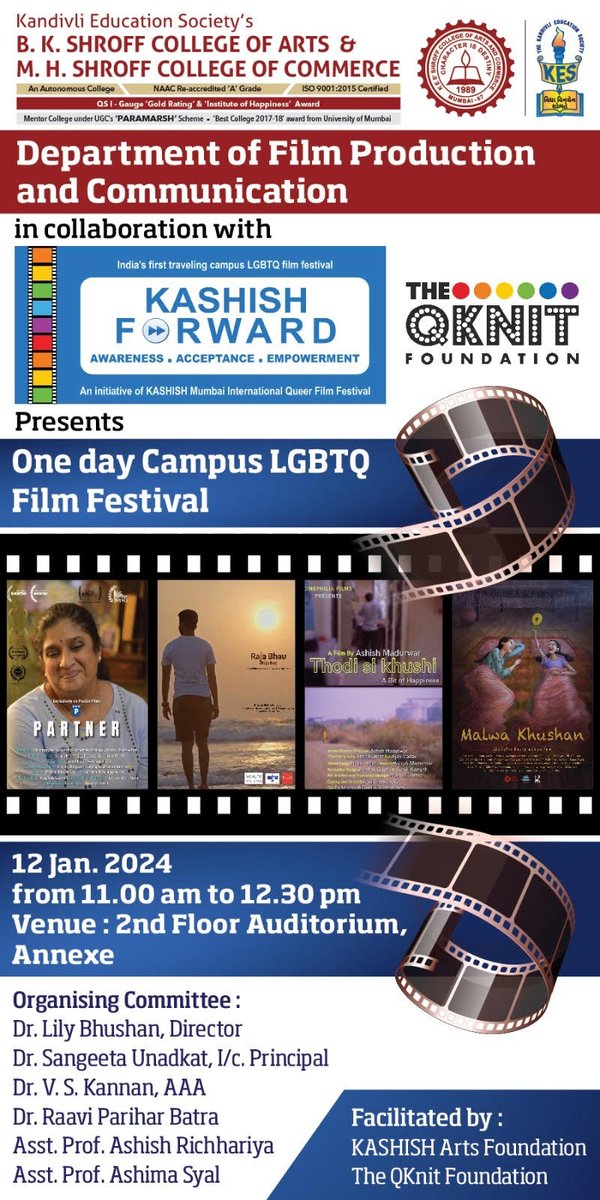 We are thrilled to announce yet another screening of KASHISH Forward, a travelling campus LGBTQ+ film festival, tomorrow January 12th 11.00am-12.30pm at @kes_college in collaboration with @TheQKnit  Foundation
The event is open only to students and staff members of the college.