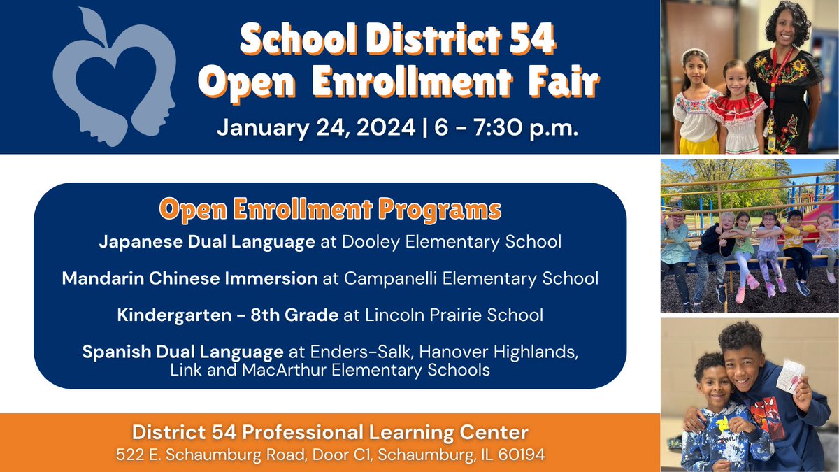 D54schools's tweet photo. Exciting news for future D54 Kindergarteners! Join us at the Open Enrollment Fair on Jan 24 to explore unique programs like Spanish &amp; Japanese Dual Language, Mandarin Chinese Immersion &amp; K-8 multiage learning at Lincoln Prairie School. Visit https://t.co/DeFThlnV3s for more info. https://t.co/jEyjjg1net