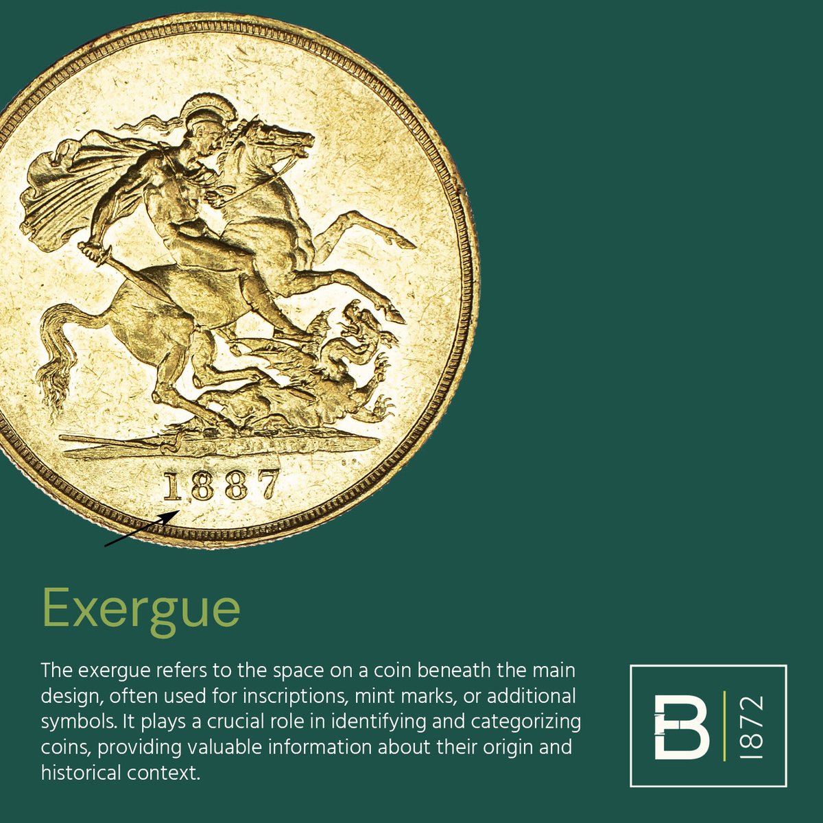 In the first of this series we take a look at technical terms known to numismatists.  Exergue refers to the space on a coin beneath the main design, often used for inscriptions, mint marks, or additional symbols. See this item at bit.ly/3RX58Fj
#Numismatics #Goldcoins