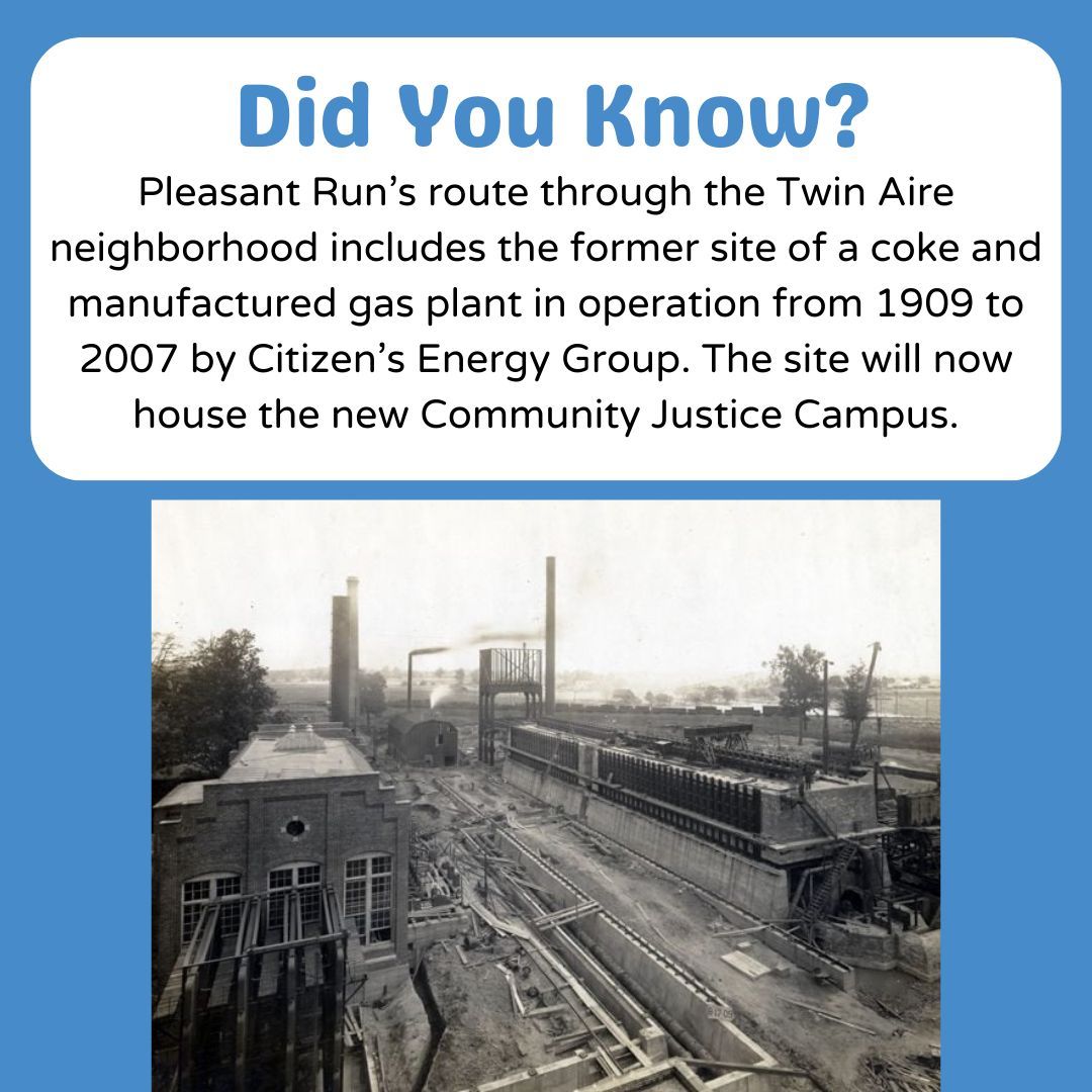 ourwaterways's tweet photo. Pleasant Run’s route through the Twin Aire neighborhood includes the former site of a coke and manufactured gas plant in operation from 1909 to 2007 by Citizen’s Energy Group which employed area residents. The site will now house the new Community Justice Campus. https://t.co/rflXRrNclF