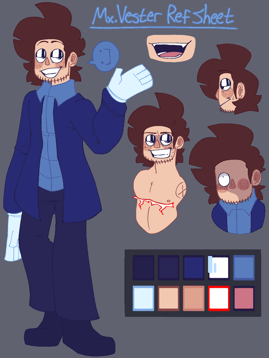 NEWCOLORFULERA's tweet photo. [ So Mx.Vester didn't have a proper ref sheet so decided to make one rq :3 ]

[ Marked as sensitive because bare chest moment, bro has top surgery scars and I didn't wanna jumpscare anyone with man booba <:D ]

[ Gonna put some basic info down below,, :3 ]

[ Tags: #nintendooc ] https://t.co/jZOfL41afl