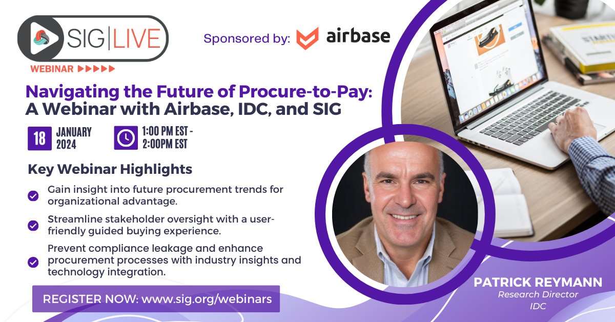 Join us for our first webinar of 2024! We'll be hearing from Patrick Reymann, @IDC Research Director, about the future of procure-to-pay. Thank you to our sponsor, @AirbaseHQ, for facilitating this webinar. See you on Jan 18th! Learn more & register: brnw.ch/21wFZUh