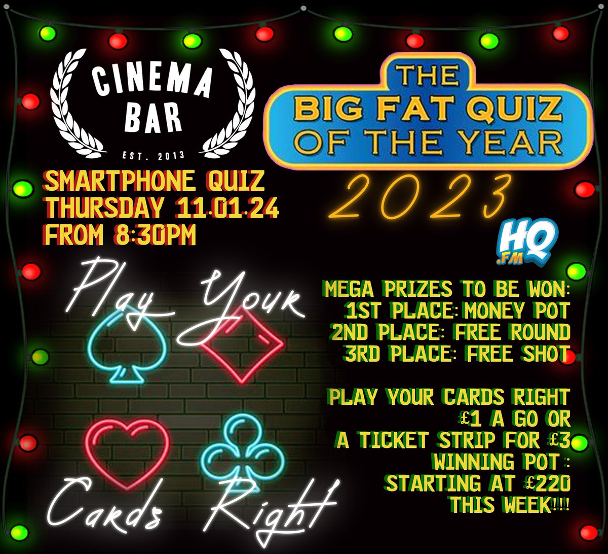 🌟 BIG FAT QUIZ Of 2023 TONIGHT! 🌟
Join us this evening to test your knowledge on all things 2023! 🥳
Try your luck PYCR to win big!💷
Drinks deals running all evening, we have plenty of mocktails and non alcoholic options for you dry Janners. It'd be rude not to!🍹