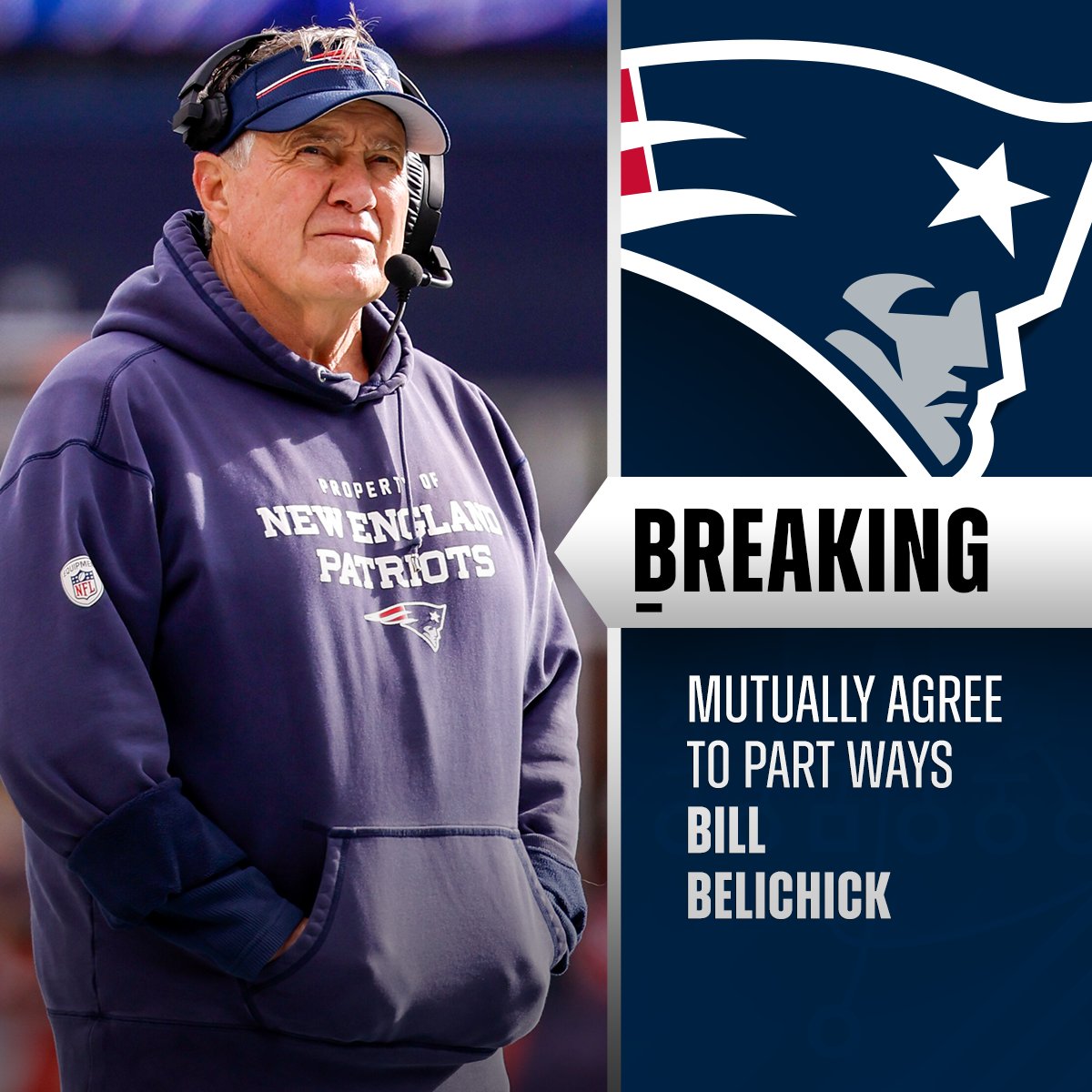 NFL's tweet image. Patriots and Bill Belichick mutually agree to part ways.