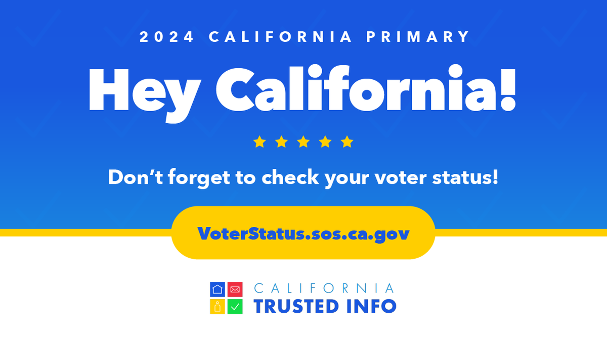 CASOSVote's tweet photo. The #2024CAPrimaryElection is right around the corner. Make sure you’re ready! Verify your voter status at https://t.co/icP68cBEwm. #CATrustedInfo2024 #VoteCalifornia https://t.co/oj9luDxXcB