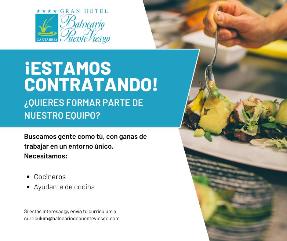 Estamos buscando gente para unirse a nuestro equipo. Si estás interesado/a, por favor envíanos tu CV a curriculum@balneariodepuenteviesgo.com. 
¡Esperamos saber de ti pronto! 🤞🏼💼