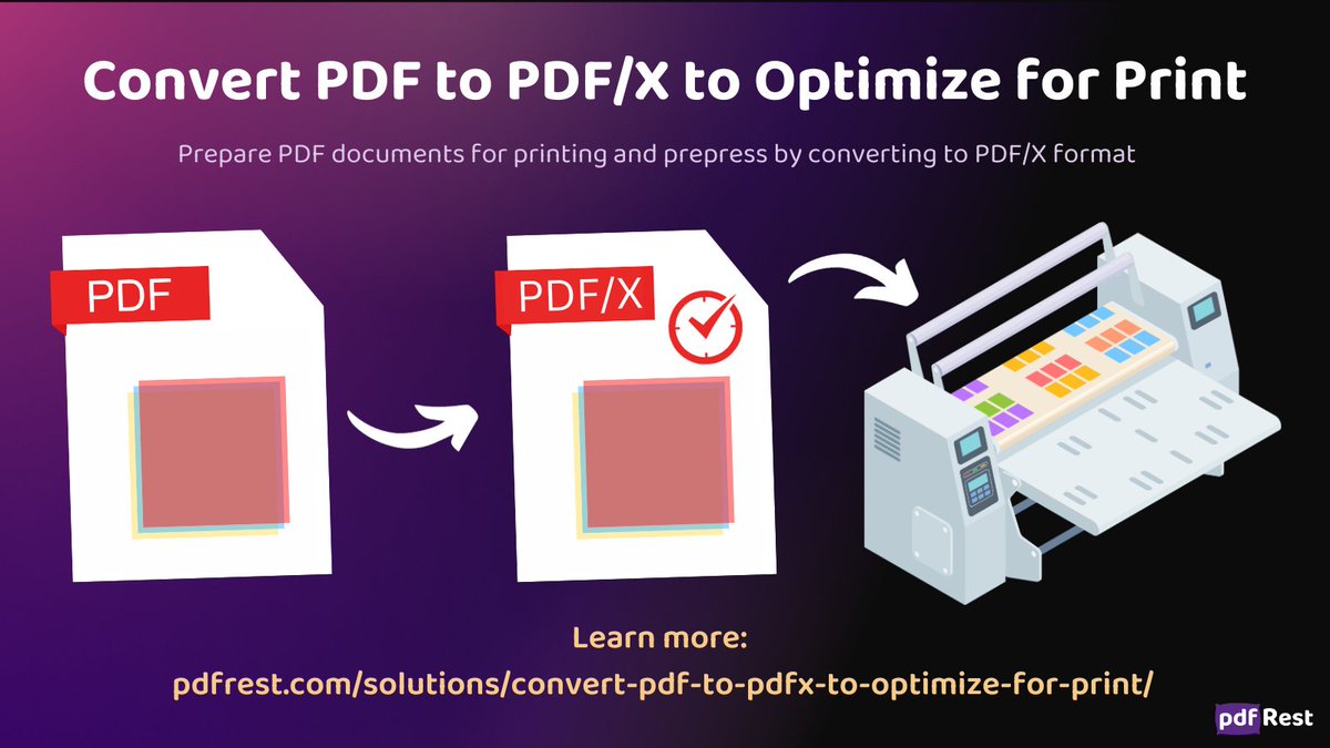 pdfRest's tweet photo. pdfRest Convert to PDF/X makes it easy to prepare your documents for print, ensuring they are printed with the highest possible quality and consistency.
Learn more: https://t.co/xd6BUgeBMy
#pdfconverter #pdfx #graphicart #graphicarts #prepress #print https://t.co/6CleuixXVn