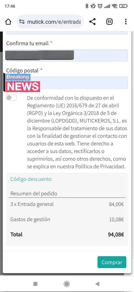 SprpntoPatronus's tweet photo. Esto es normal? @consumidores 
Un 12% de Gastos de gestión para una entrada comprada por internet. Que gestion hay, si las hago yo todas?
O me lo explicais los de @Mutick_com ?
O los organizadores del concierto de @shepastaway_ofl (de #deltaspanishevents y #fantaxtikevents)
Merci https://t.co/s9qMear2Cn