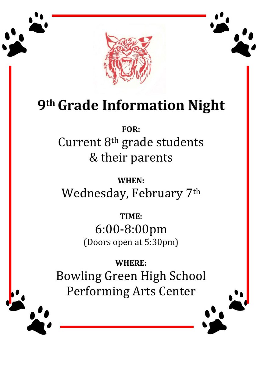 8th Grade Parents…our 8th to 9th grade information night will be February 7th. Lots of information will be shared for high school registration. We look forward to meeting the class of 2028! @ERadabaughBGCS @TedHaselman @BGSchools @BGHSCounselors