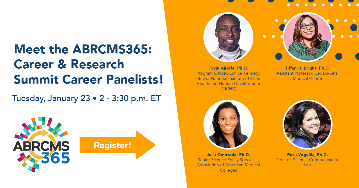 Join our career panelists @doc_b_right, Toyin Ajisafe, @OmotadeSade, & Rosa Veguilla on Jan. 23 for Day 1 of the virtual @ABRCMS Career & Research Summit.  Plus, Graduate student lightning talks from 3:30-5pm ET. Register for free: asm.social/1Ed #ABRCMS365