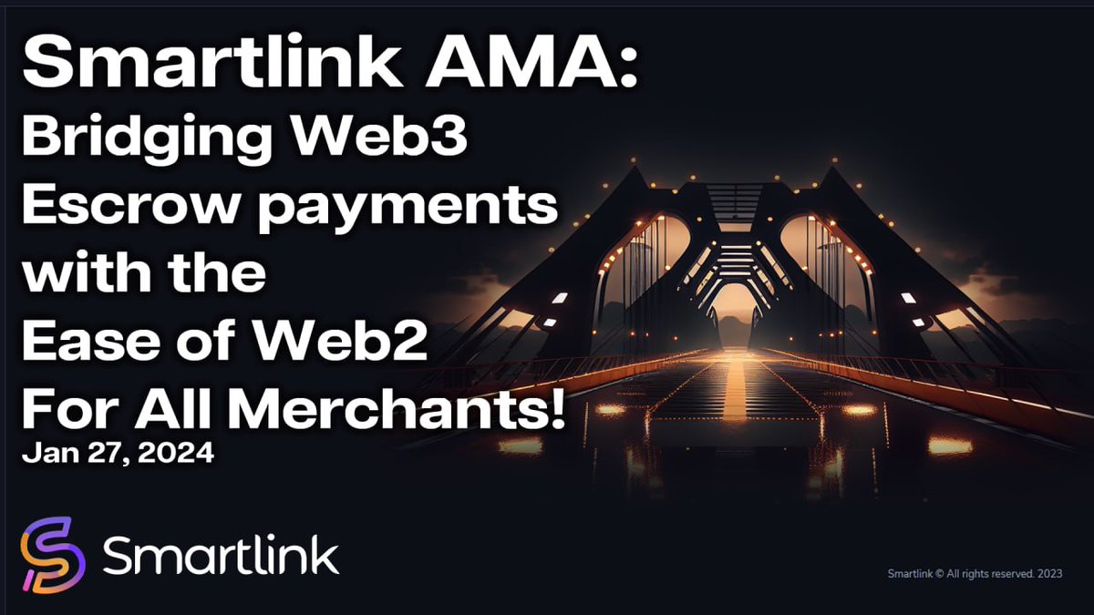 𝐍𝐞𝐱𝐭 𝐒𝐦𝐚𝐫𝐭𝐥𝐢𝐧𝐤 𝐀𝐌𝐀: 𝐉𝐚𝐧 𝟐𝟕, 𝟐𝟎𝟐𝟒

Please feel free to Register for the upcoming #AMA - Bridging #Web3 Escrow payments with the Ease of Web2—For All Merchants, on Jan 27, 2024:

👉 us02web.zoom.us/meeting/regist…