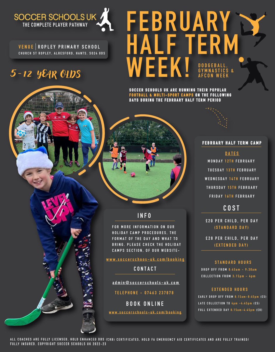 😄🤩 We are pleased to announce that bookings for our first camps of 2024 are now open! February Half Term Holiday Camps! 🤩😃

To book 👇 

📧 admin@soccerschools-uk.com
💻 soccerschools-uk.com/booking 
📞 07463 237878