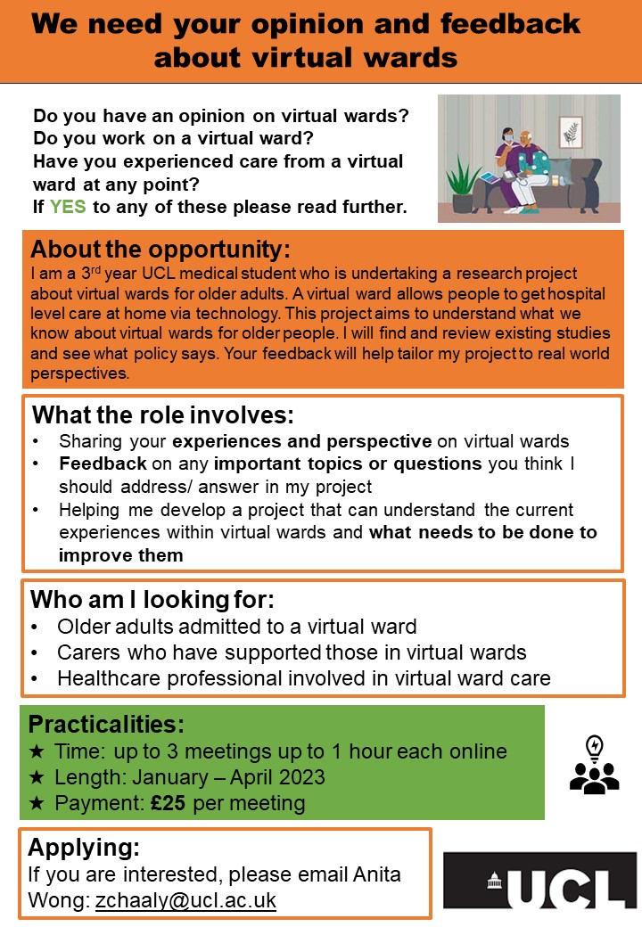 One of my student is looking for some older people or family carers who have experience of hospitals at home or virtual wards to help her with shaping her research - could you help? please get in touch if so.