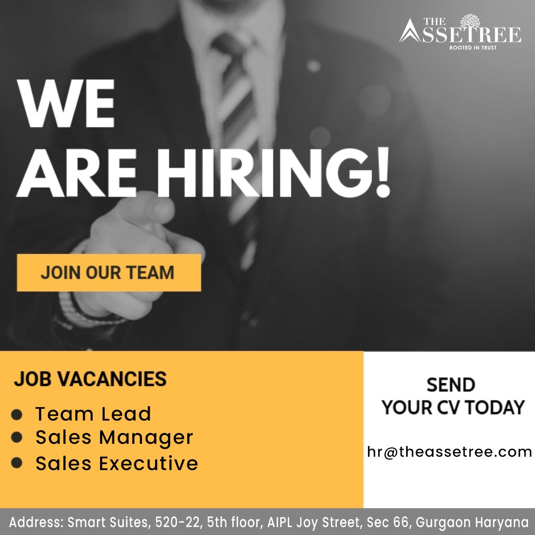 TheAssetree's tweet photo. The Assetree Hiring Alert! ⚠
Are you ready to join our team?
Open Positions-
- Team Lead
- Sales Manager
- Sales Executive
Location: Sector 66
𝗔𝗽𝗽𝗹𝘆 𝗡𝗼𝘄:
Plz send your CV: hr@theassetree.com
#theassetree #rootedintrust #theassetreehiring #hiring #hiringalert https://t.co/Kg5n15SxCe