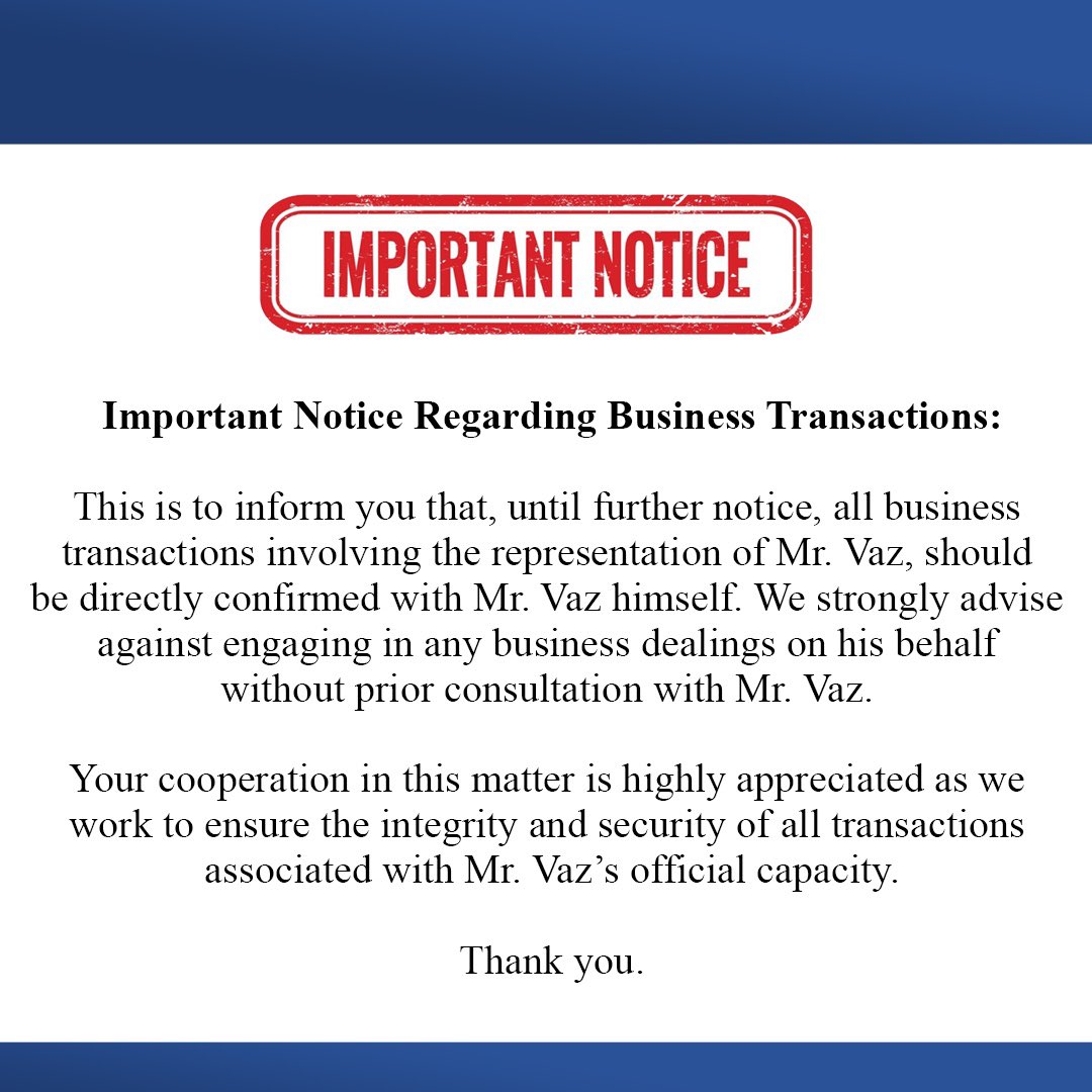 Please be advised that in an effort to protect yourselves from fraudulent claims, any business transactions regarding myself should be confirmed with me directly!!