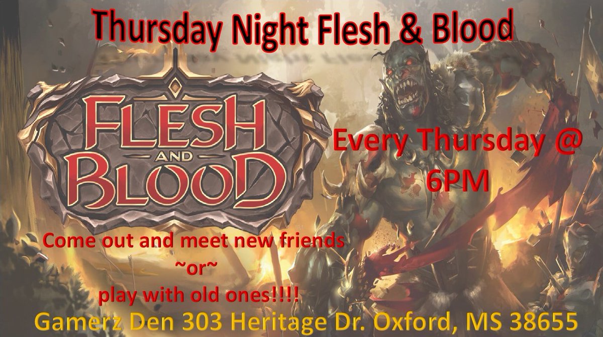 Hey all my Flesh & Blood peeps! Who's your favorite Hero and why?! Come by for the discussion & get a few games in TONIGHT @ our weekly Armory event! 
#gamerzden #JoinTheDen #fleshandbloodtcg #playlocal #shoplocal #thursdaynightgames #oxfordms #LafayetteCountyMS #olemiss