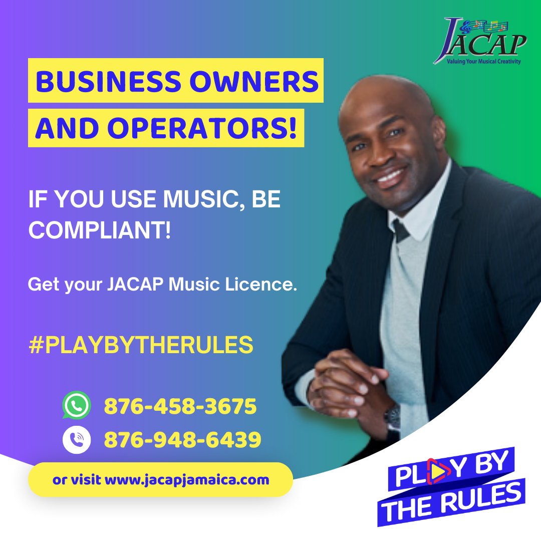 Business owners and operators! Do you use music? Be compliant! Get your JACAP licence TODAY to use music legally to ensure that you #PlayByTheRules. Visit jacapjamaica.com for more information.