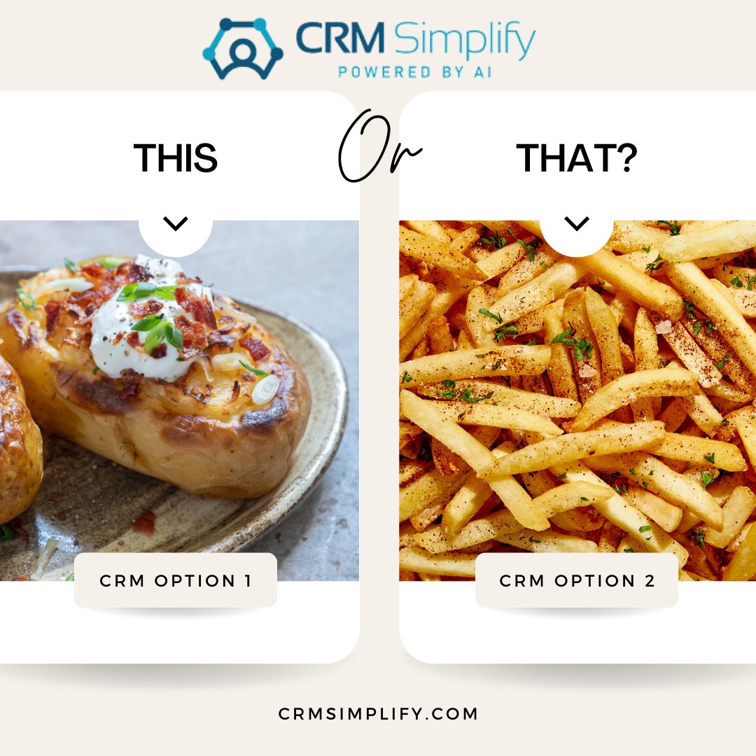 CRMSimplify's tweet photo. Choosing a CRM is like deciding between a loaded baked potato &amp; French fries. Do you crave all the extra features &amp; toppings or do you want just the basics?🍟✨ https://t.co/UJSH8cmhEP #CRMChoices #Salesforce #Hubspot #zoho #sugarcrm #dynamics365 https://t.co/HkGuEnZEHO