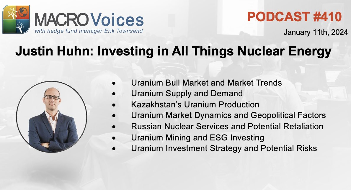 MacroVoices @ErikSTownsend & @PatrickCeresna welcome Justin Huhn @uraniuminsider. Erik & Justin focus on the investment plays in the uranium mining sector, and how pending legislation only strengthens the bull case for Uranium and Uranium mining shares. bit.ly/41X9qRG