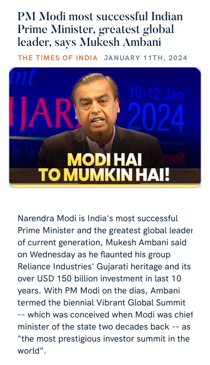 PM Modi most successful Indian Prime Minister, greatest global leader, says Mukesh Ambani
timesofindia.indiatimes.com/india/pm-modi-… via NaMo App