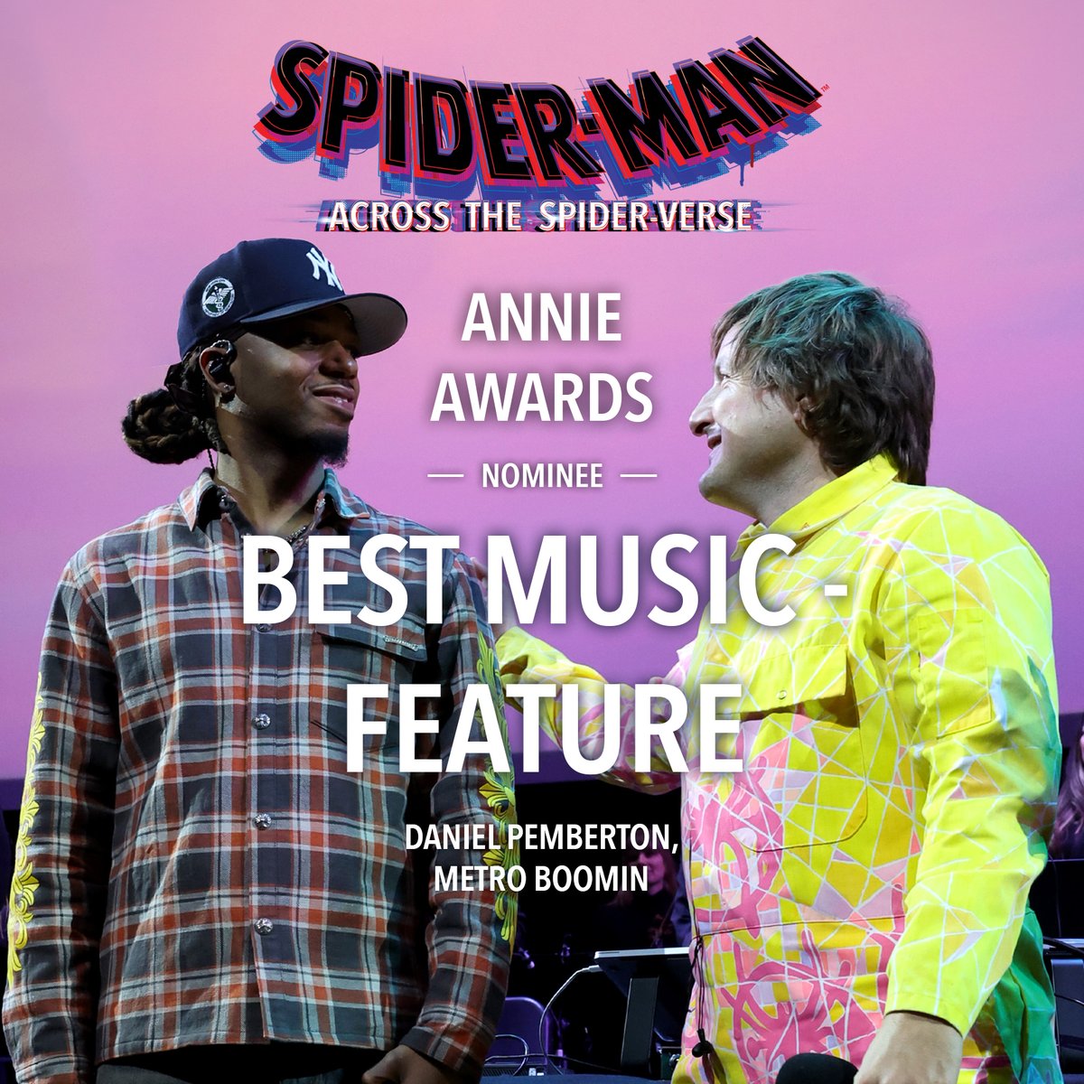 SonyAnimation's tweet photo. Icons @DANIELPEMBERTON and @MetroBoomin are Annie Award-nominated for Best Music - Feature, honoring their work in Spider-Man: Across the #SpiderVerse. https://t.co/qW0I8i0Qd0