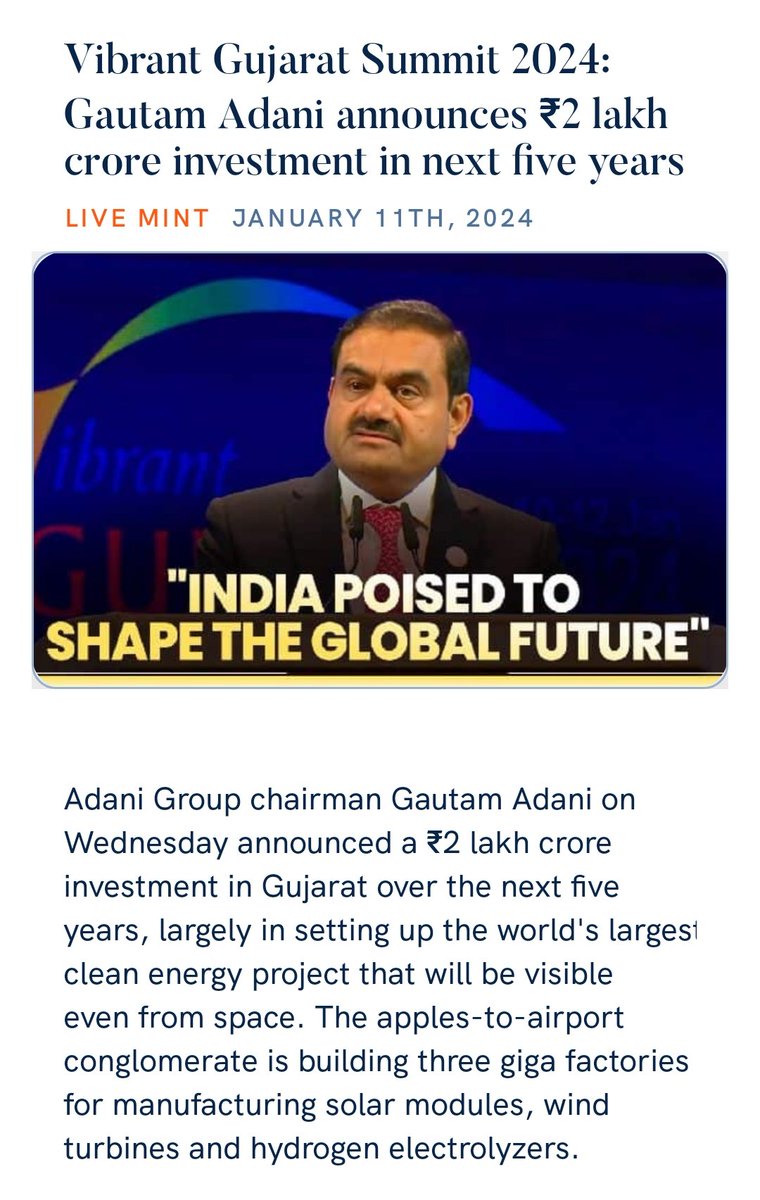 Vibrant Gujarat Summit 2024: Gautam Adani announces ₹2 lakh crore investment in next five years
livemint.com/companies/news… via NaMo App