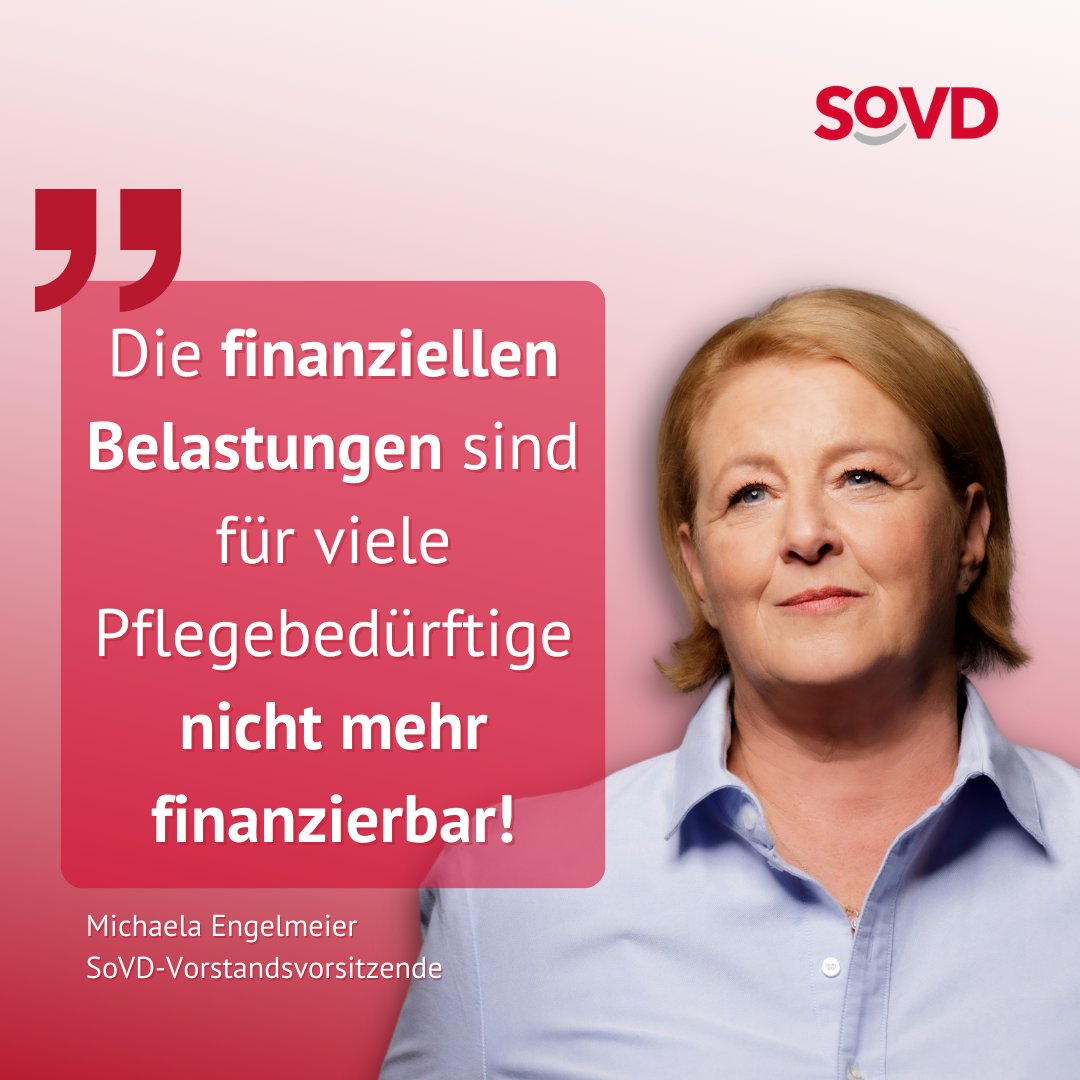 SoVD – Sozialverband Deutschland e.V. (@sovd_bund) on Twitter photo Die Kosten für die Pflege im Heim steigen laut einer Auswertung des <a href="/vdek_Presse/">vdek Presse</a> weiter an. Im Durchschnitt zahlten Bewohnerinnen & Bewohner zum 1. Januar im ersten Jahr 2576 Euro pro Monat aus eigener Tasche - 165 Euro mehr als im Vorjahr.
Die Vorsitzende des SoVD Die Kosten für die Pflege im Heim steigen laut einer Auswertung des <a href="/vdek_Presse/">vdek Presse</a> weiter an. Im Durchschnitt zahlten Bewohnerinnen & Bewohner zum 1. Januar im ersten Jahr 2576 Euro pro Monat aus eigener Tasche - 165 Euro mehr als im Vorjahr.
Die Vorsitzende des SoVD