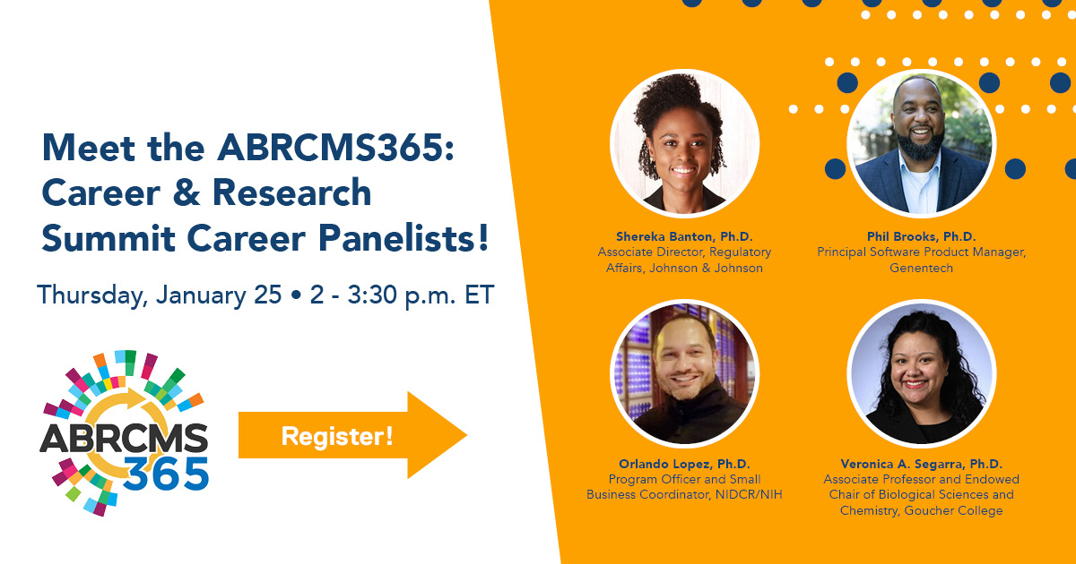 Join our career panelists Shereka Banton, @brooksph, Orlando Lopez, & @SegarroVeronica on Jan. 25 for Day 2 of the virtual @ABRCMS Career & Research Summit.  Plus, Graduate student lightning talks from 3:30-5pm ET. Register for free: asm.social/1Ed #ABRCMS365 #STEMcareer