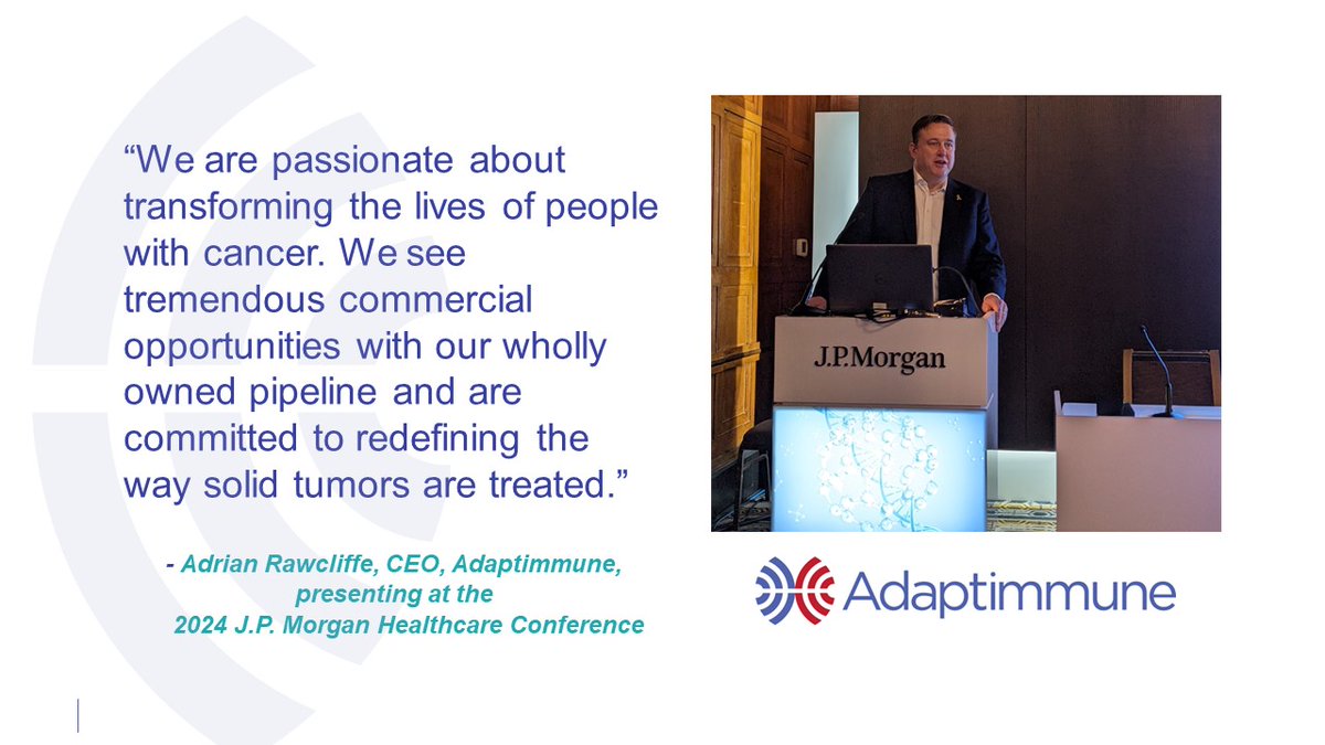 $ADAP CEO Adrian Rawcliffe spoke today at #JPMHC24 about the company’s sarcoma franchise and work from discovery to delivery of cell therapies with the potential to redefine the treatment of solid tumors. #celltherapy #oncology #biotechnology