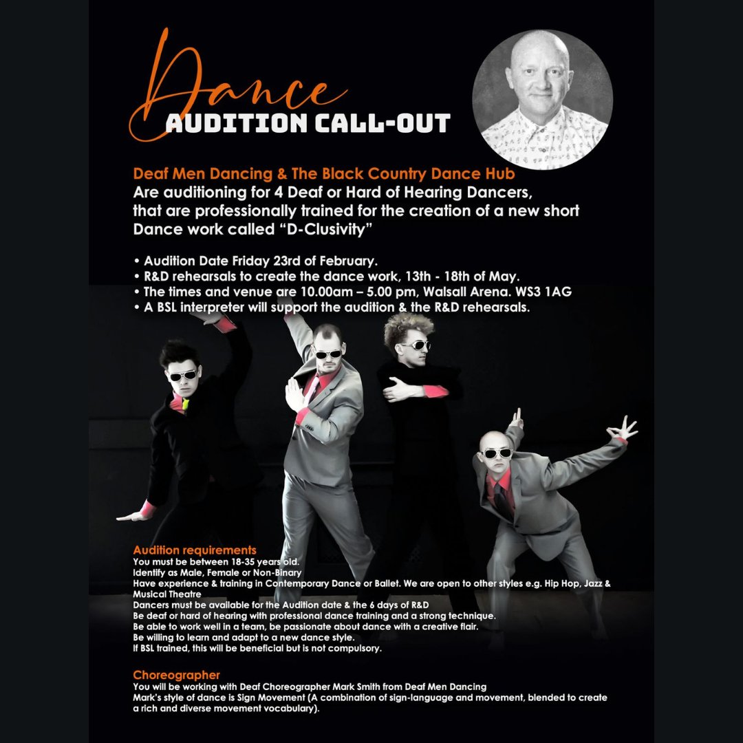 BCDanceHub's tweet photo. 🔊 Deaf &amp; Hard of Hearing Dancers Wanted 🔊
We’re working with @marksmith_prod &amp; @DeafMenDancing on a new project &amp; need 4 professionally trained dancers.
Auditions: Fri 23 Feb @WalsallArena 
R&amp;D: 13-18 May
A BSL interpreter will support both.
Apply here: https://t.co/qiRbzZaCnj https://t.co/zjg2N82PwR