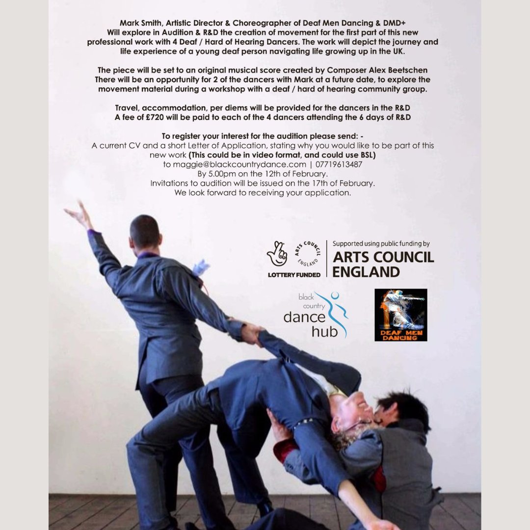 BCDanceHub's tweet photo. 🔊 Deaf &amp; Hard of Hearing Dancers Wanted 🔊
We’re working with @marksmith_prod &amp; @DeafMenDancing on a new project &amp; need 4 professionally trained dancers.
Auditions: Fri 23 Feb @WalsallArena 
R&amp;D: 13-18 May
A BSL interpreter will support both.
Apply here: https://t.co/qiRbzZaCnj https://t.co/zjg2N82PwR