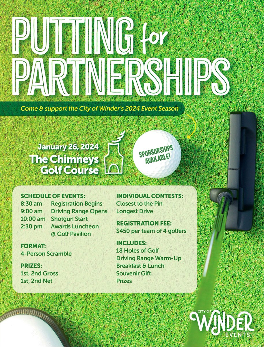ChimneysGolf's tweet photo. ⛳️2024 Putting for Partnerships - Registration is OPEN!  Sign up here: https://t.co/h1c3K1vt5y

#golftournament #golfevent #chimneysgolfcourse #chimneysgolfevents #municipalgolf #supportyourcommunity #golf #golfgeorgia #georgiagolf https://t.co/T2eWOemSR7