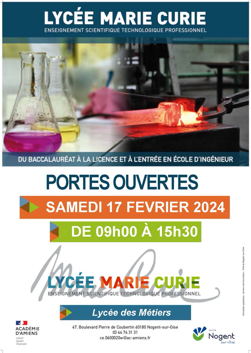 LyceeMarieCurie's tweet photo. Notre Journée Portes Ouvertes aura lieu le samedi 17 février 2024.
Venez nombreux nous découvrir ou nous revoir !!
@AcAmiens @NogentsurOise @Prefet60 @Marie_Curie_STI @ForgeFonderie https://t.co/0D0amL8pPR