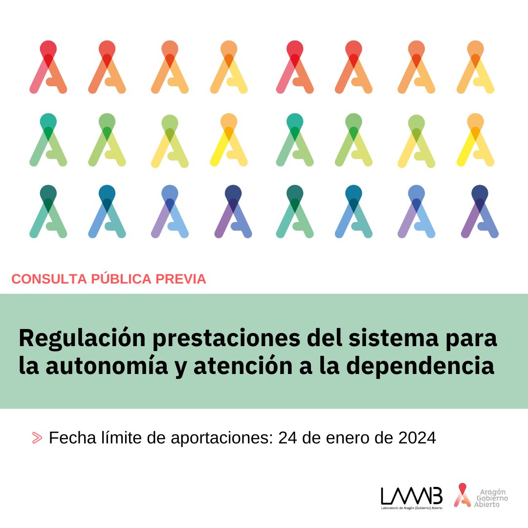 Participa en la #ConsultaPúblicaAragón para
elaborar la orden que regula las prestaciones del
sistema para la autonomía y atención a la
#dependencia.

📅Hasta el 24 de enero

👉Puedes hacer tus aportaciones en bit.ly/3vFAzfu