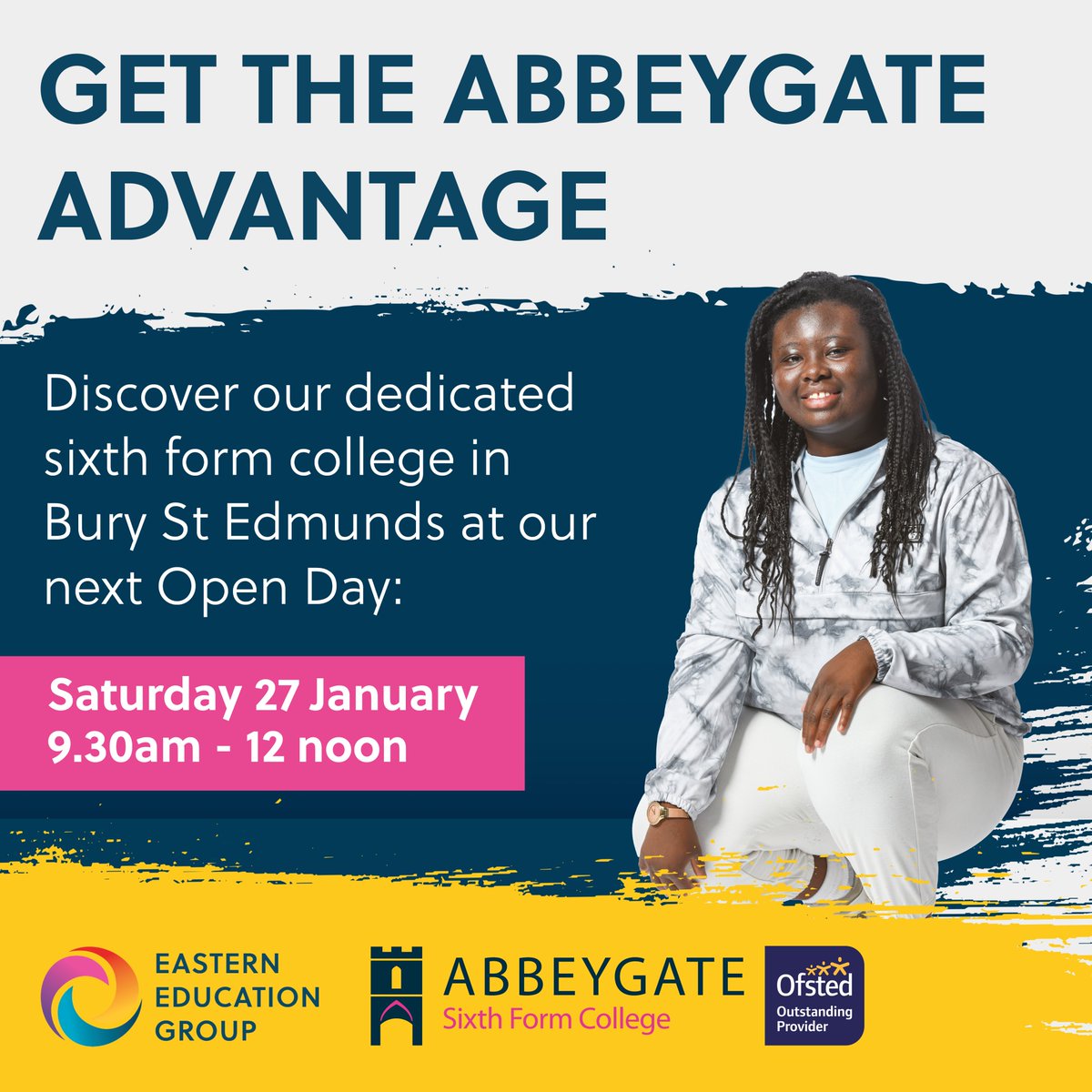 AbbeygateSFC's tweet photo. Come along to our Open Day on Sat 27 Jan, 9:30am to 12pm, to discover all that Abbeygate has to offer! Discover our A Level courses and extra-curricular opportunities that will give you the #AbbeygateAdvantage.

Register to attend on our website:
https://t.co/SDsXY0TTpC https://t.co/Xqqxiczp0N