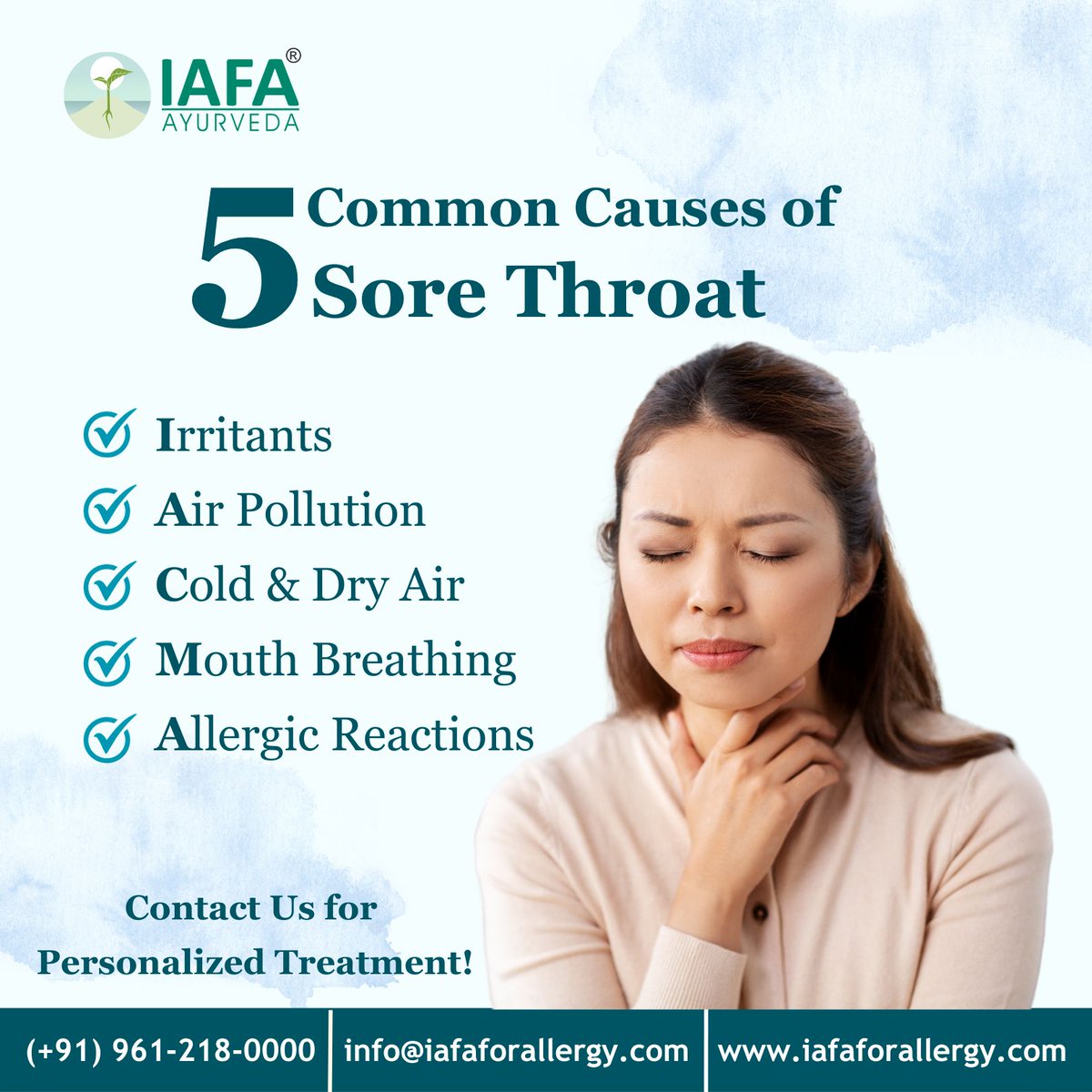 ✅ Top 5 Common causes of sore throat

👉 For Consultation About Allergies:- iafaforallergy.com/consult-an-iaf…

#SoreThroatCauses #ThroatIrritation #ViralInfections #BacterialInfections #EnvironmentalFactors #ColdandFlu #VoiceStrain #AllergyTriggers #PostnasalDrip #ThroatHealth