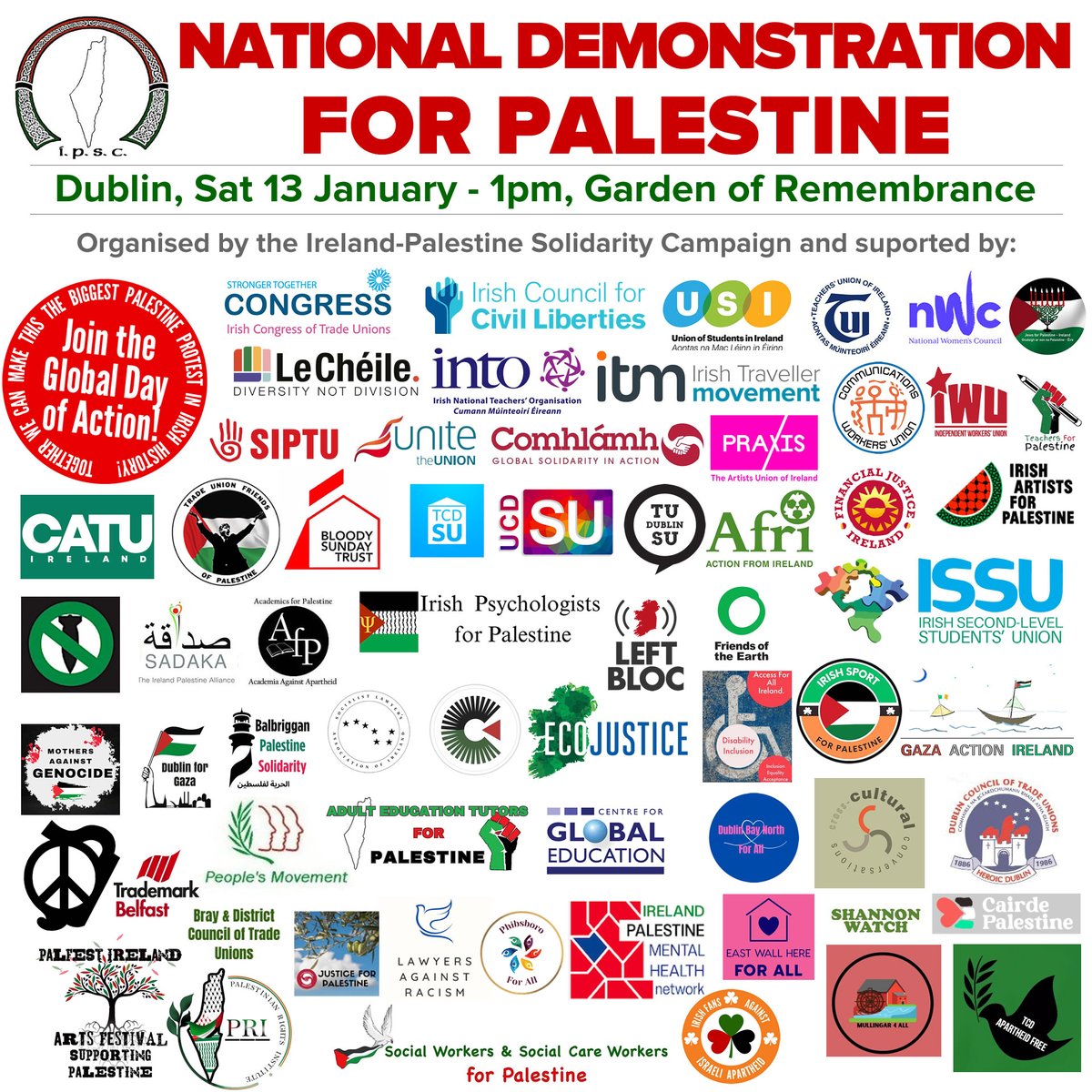 Free this Saturday 13th January? 

Join us in showing solidarity with the Palestinian people by taking part in the National Demonstration for Palestine.

🕐1pm
📍Garden of Remembrance