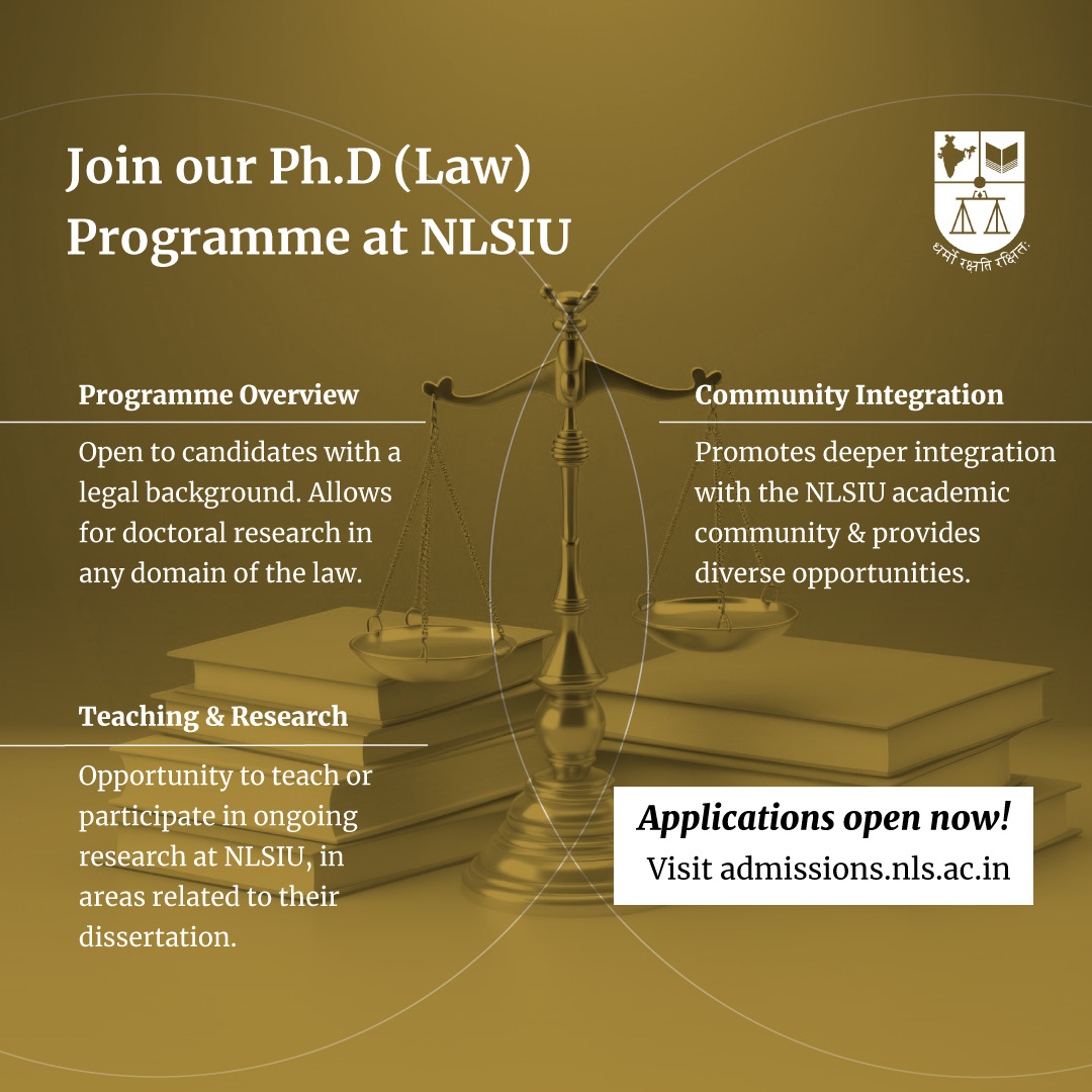 Be a part of #NLSIU’s dynamic research and teaching community with our Ph.D. (Law) programme!

Applications are open!

Learn more: nls.ac.in/admissions/
Apply: admissions.nls.ac.in

#NLSAT #NLSAT24 #doctoralresearch #phd